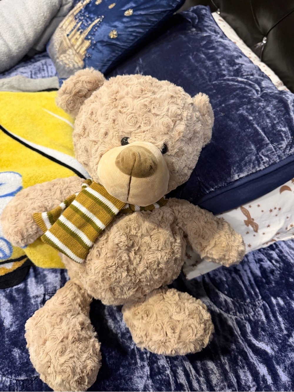 Plush Beige Teddy Bear with Striped Scarf